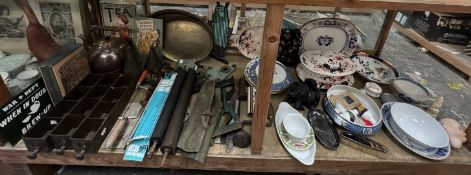 Assorted tools, brass trays, and advertising signs together with pottery tureen and cover,