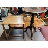 A mid 20th century teak occasional table of square form together with a Victorian tripod table