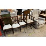 An early 20th century office chair with a slat back and pad seat together with a set of three salon