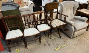 An early 20th century office chair with a slat back and pad seat together with a set of three salon