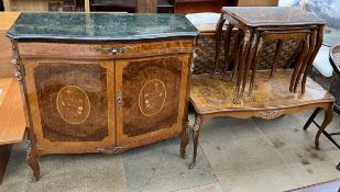 A reproduction burr walnut marble topped side cabinet together with a similar coffee table and nest