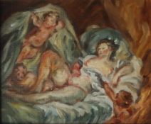 French school Reclining figure with cherubs Oil on board 24 x 28cm