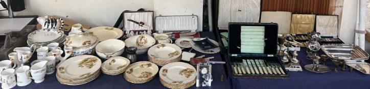 A chrome and enamel decorated part dressing table set together with cased flatwares,
