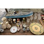 A model boat together with champagne glasses, blue and white pottery, crown Devon, figures,