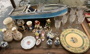 A model boat together with champagne glasses, blue and white pottery, crown Devon, figures,