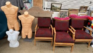 A set of three elbow chairs together with three mannequins CONDITION REPORT: All