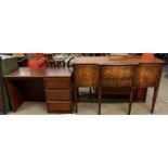 A reproduction mahogany sideboard with two cupboards and a drawer on square tapering legs together