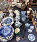 Wedgwood blue jasper wares together with pottery plates, vases,