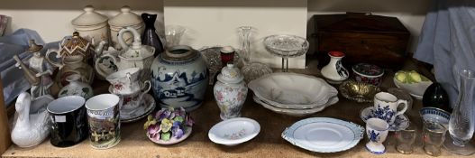 A Victorian rosewood tea caddy together with a Chinese blue and white porcelain ginger jar,