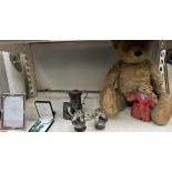 A Mohair teddy bear together with two Premier Lamps, necklace,