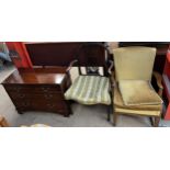 A George III mahogany elbow chair together with a reproduction mahogany chest of drawers and an