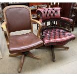 An oak framed swivel office chair together with an upholstered swivel office chair