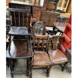 An oak gateleg dining table together with oak dining chairs, child's chair,