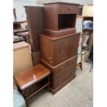 A mid 20th century Cheval mirror together with a television cabinet,