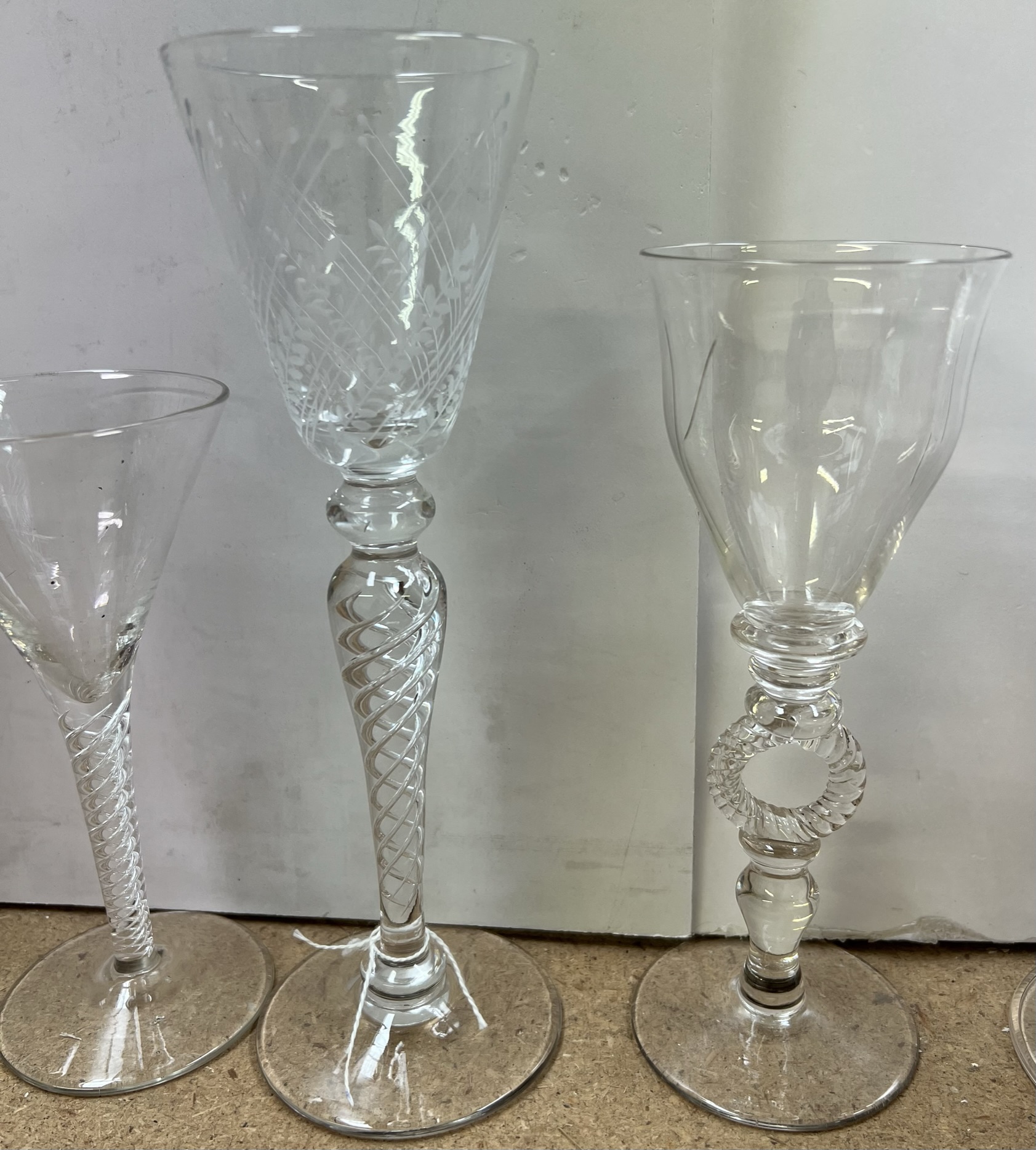 A 19th century wine glass with a tapering bowl and cotton twist stem on a foldover foot together - Image 3 of 4