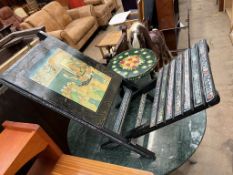 An Indian painted folding chair / Koran stand together with a painted stool