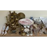 Brass candlesticks together with assorted pottery plates, glass wares,