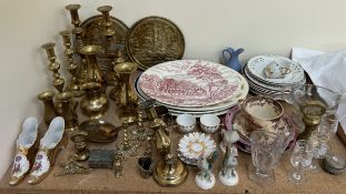 Brass candlesticks together with assorted pottery plates, glass wares,