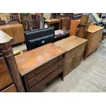 An oak grandmother clock together with an oak sideboard and an oak effect side cabinet