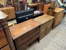 An oak grandmother clock together with an oak sideboard and an oak effect side cabinet