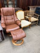 A brown leather swivel chair and matching foot stool together with two assorted elbow chairs