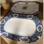 A blue and white pottery meat plate together with another plate