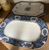 A blue and white pottery meat plate together with another plate