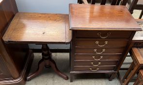 An Edwardian mahogany music cabinet with six drawers with drop fronts on square legs together with