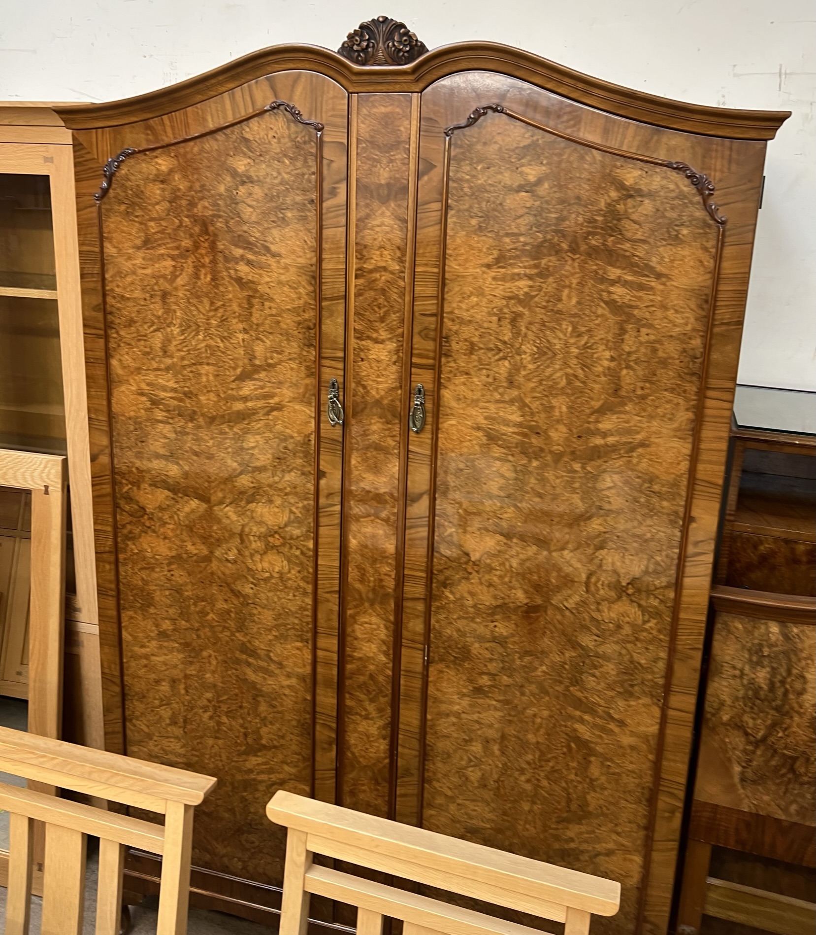 An early 20th century burr walnut bedroom suite comprising two wardrobes, - Image 2 of 5