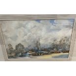 Maurice Matthews A landscape scene Watercolour Signed Together with a print of David Gower,