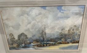 Maurice Matthews A landscape scene Watercolour Signed Together with a print of David Gower,