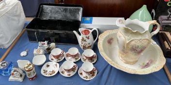 A tin box with Rolls Royce transfer together with a jug and basin set, part coffee set,
