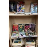 Assorted comics including Steve Canyon, Spicy Tales, The Thing, Aquaman, Blood Harvest, TV21,