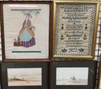 A pair of watercolours depicting desert scenes together with a wool work by Alice Jenkins and an
