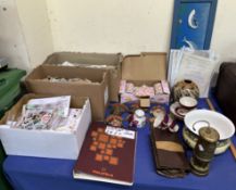 Assorted loose stamps together with a stamp album, cigarette cards, ephemera, chamber pot,