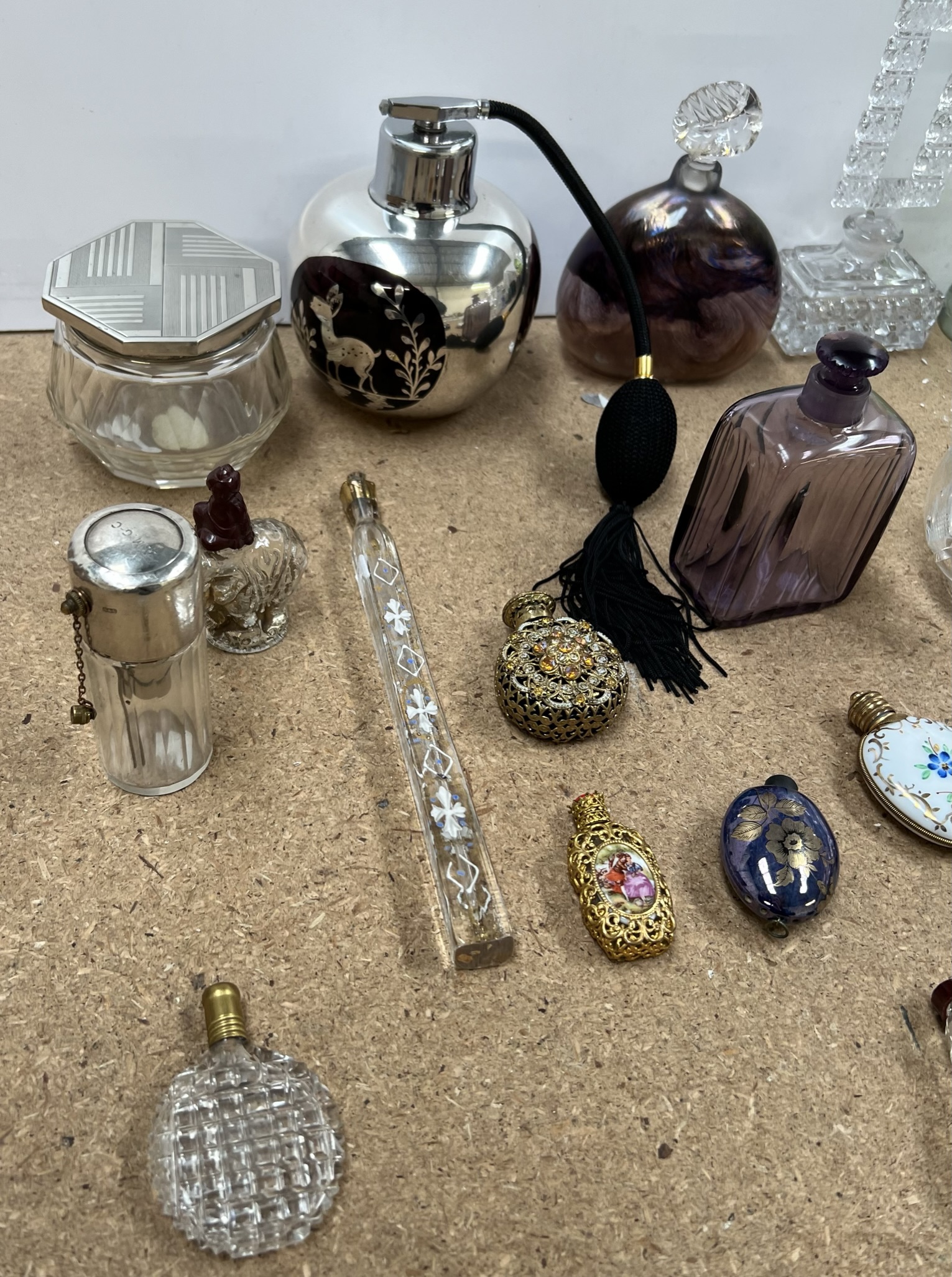 A silver and enamel top atomiser, together with a collection of scent bottles, - Image 4 of 4