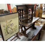 An oak nest of tables together with an oak occasional table and a fire screen