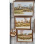 Mike Knight A village by a pond Oil on board Signed Together with three other oil paintings by the