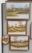 Mike Knight A village by a pond Oil on board Signed Together with three other oil paintings by the