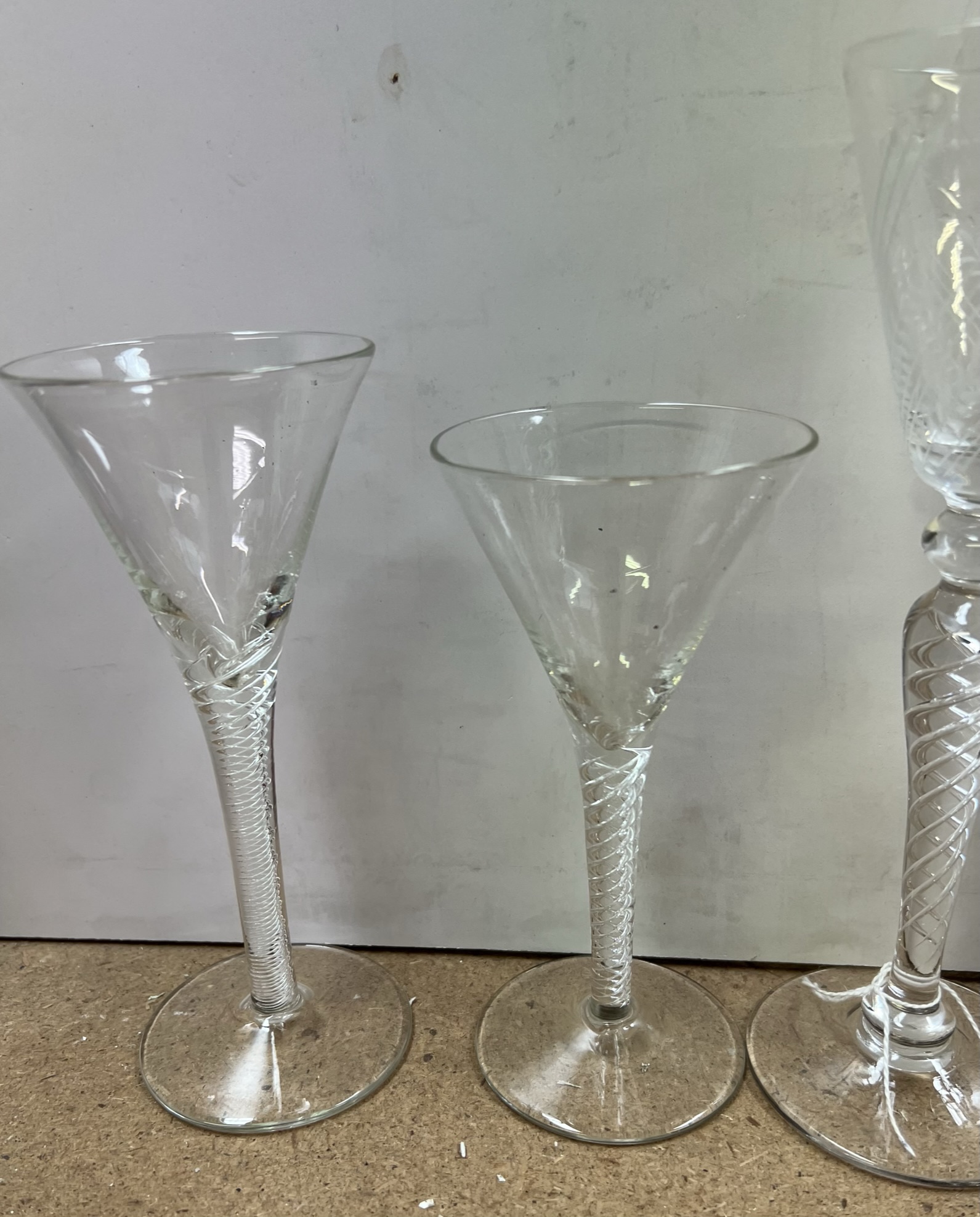 A 19th century wine glass with a tapering bowl and cotton twist stem on a foldover foot together - Image 4 of 4