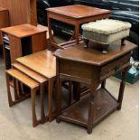 A teak nest of tables, together with a tiled top nest of tables, oak side table, foot stool,