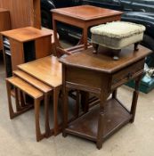 A teak nest of tables, together with a tiled top nest of tables, oak side table, foot stool,