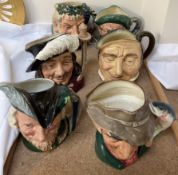 Six assorted Royal Doulton character jugs including the Poacher D6429, Robin Hood D6527,