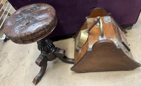 A Victorian piano stool of circular form with button upholstery together with a walnut coal box