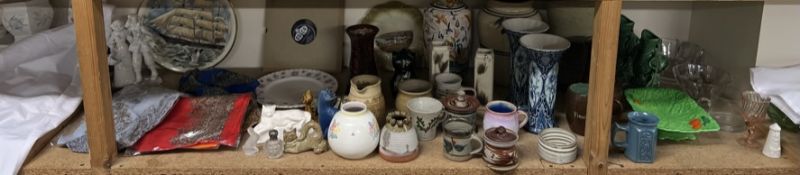 A Poole pottery vase together with assorted studio pottery, Delft vases, glasswares, scarves,