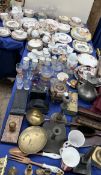 A large lot including brass candlesticks, cameras, brush set, Imari plates, part tea services,