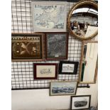 A gilt framed convex wall mirror together with another mirror a reproduction Blaeu wall map,