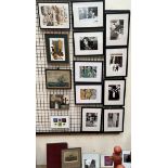 A collection of black and white photographs together with other pictures and prints