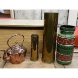 A copper kettle together with brass shell cases and a pottery vase