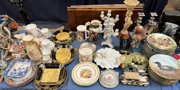 An onyx ashtray together with onyx grapes, decorated ostrich egg,